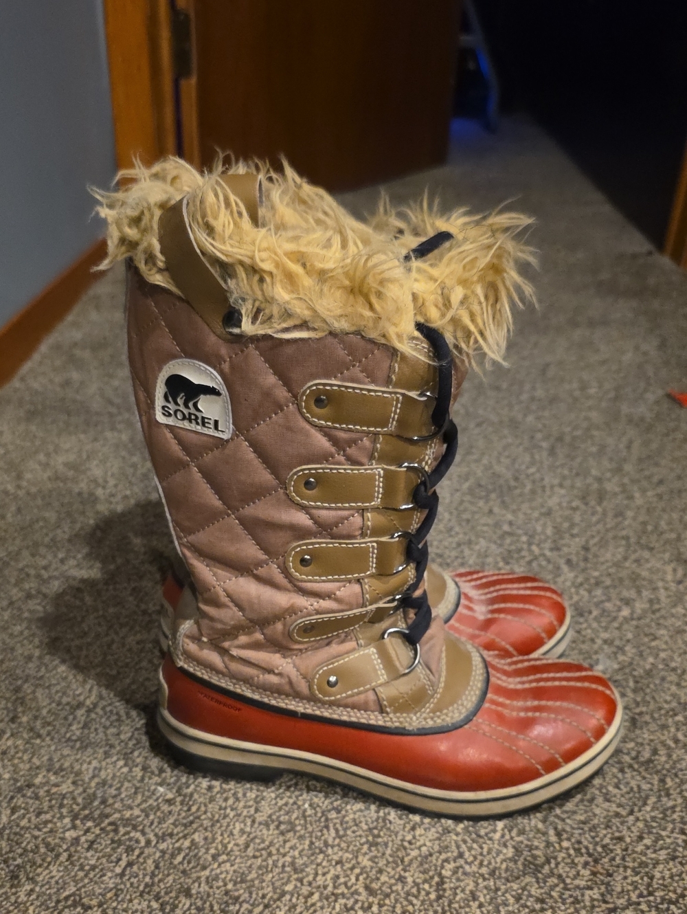 Sorel Kids' Red and Tan Quilted Faux-Fur Winter Boots